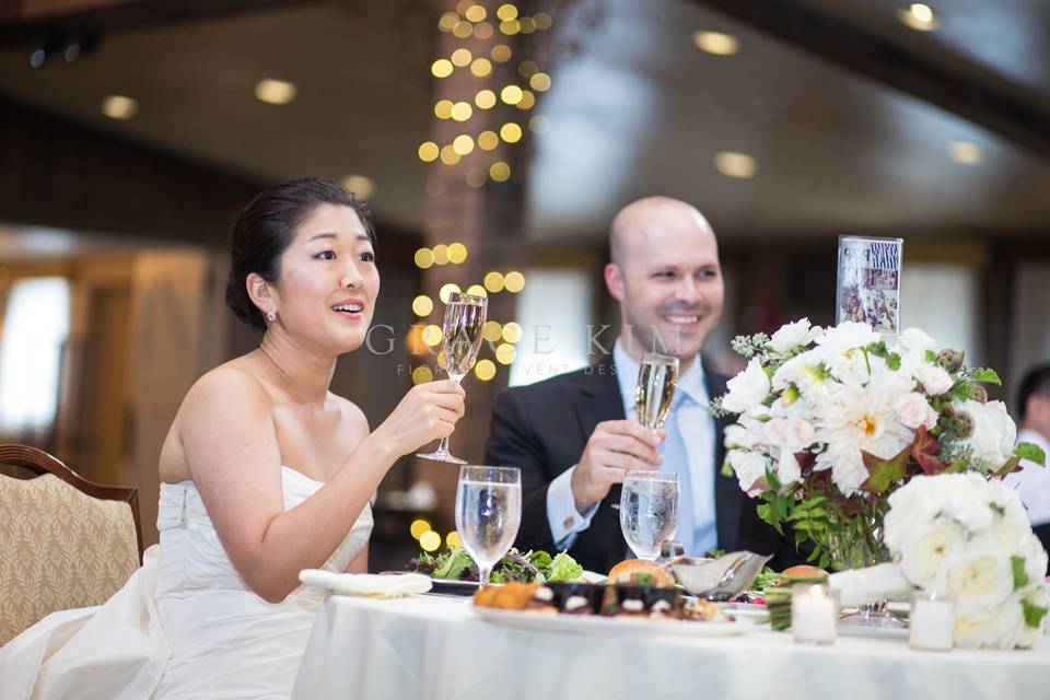 Grace Kim Floral & Event Design- white wedding centerpiece: roses, spray roses, dahlias, ranunculus, scabiosa pods, jasmine, acorns, sweet gum branches