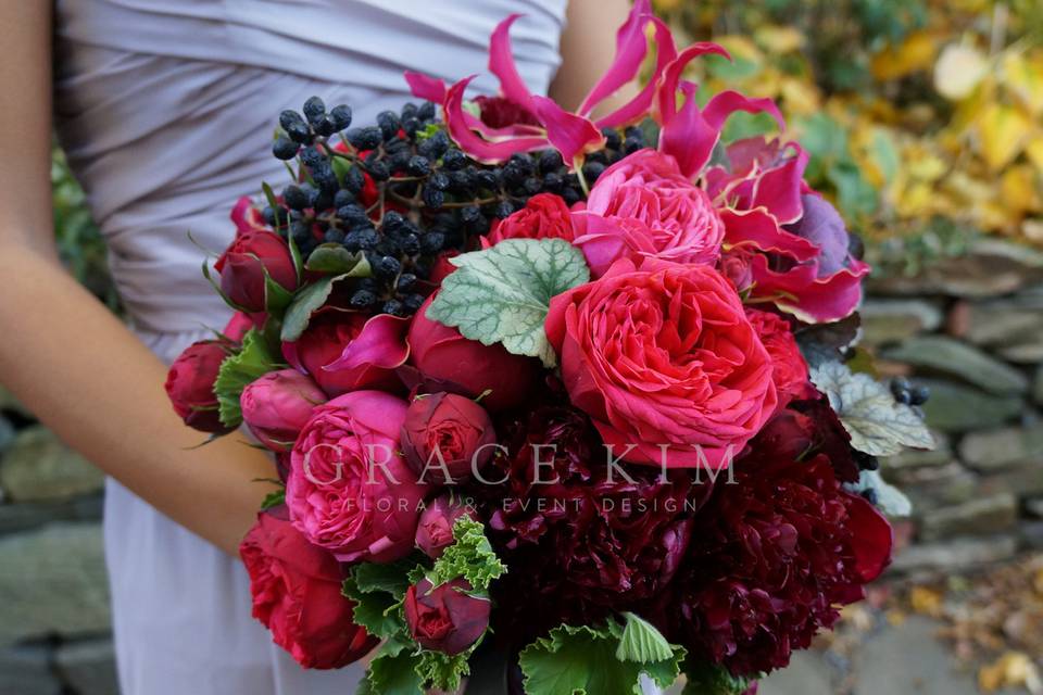 Grace Kim Floral & Event Design- burgundy bridal bouquet: peonies, garden roses, gloriosa lillies, privet berries, geranium, silver and burgundy ribbon