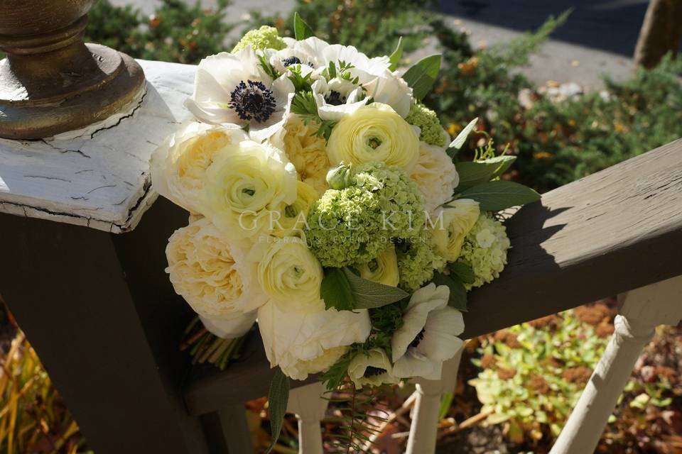 Grace Kim Floral & Event Design- cream bridal bouquet: garden roses, ranunculus, anemones, viburnum, sage, umbrella fern