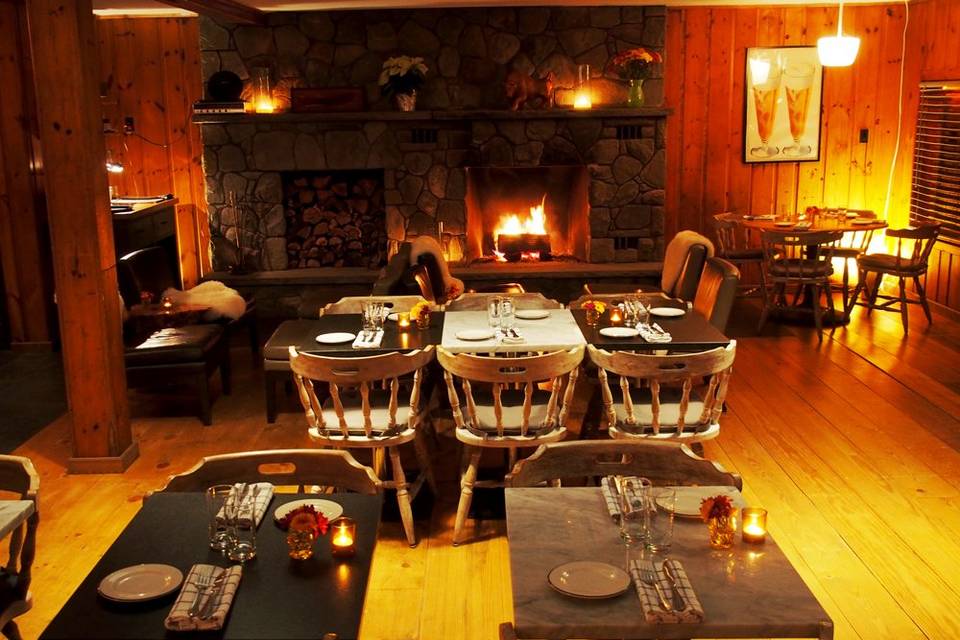 Lodge and restaurant featuring cozy fireplaces
