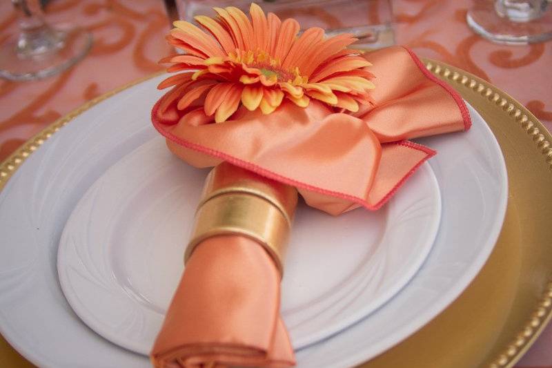 Dishes, chargers, flatware, stemware, linens, napkins, napkin rings and centerpieces.