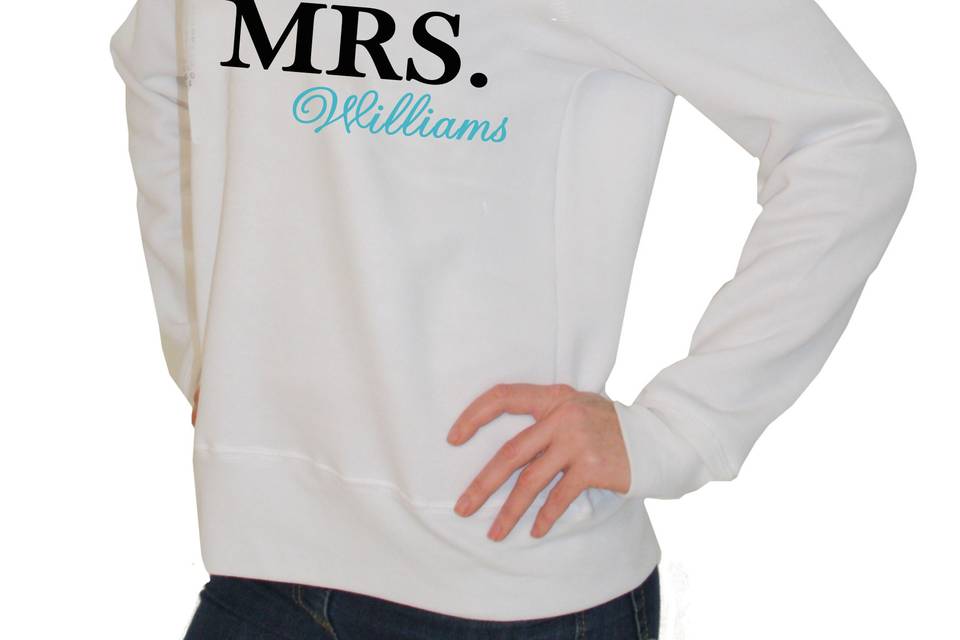 SHOP Classy Bride for your customized sweatshirts! Our one of a kind slouchy sweatshirt comes printed with your new Mrs. name in the color of your choice. Mrs. is printed in black on the white sweatshirt and white on the black sweatshirt...you can pick the color for 