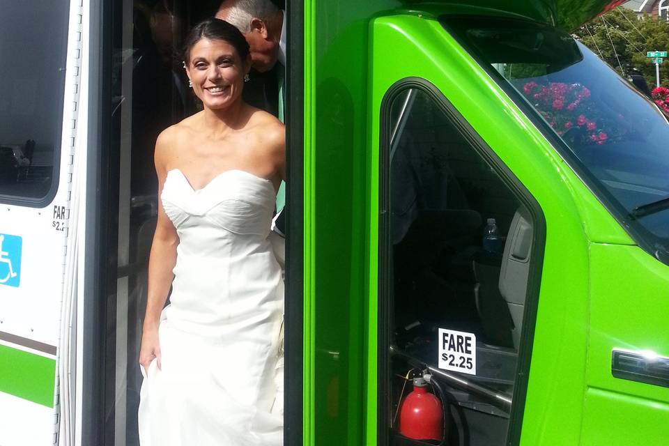 Bride getting off the shuttle