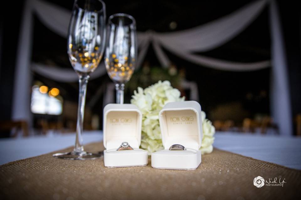 Wedding rings and glasses