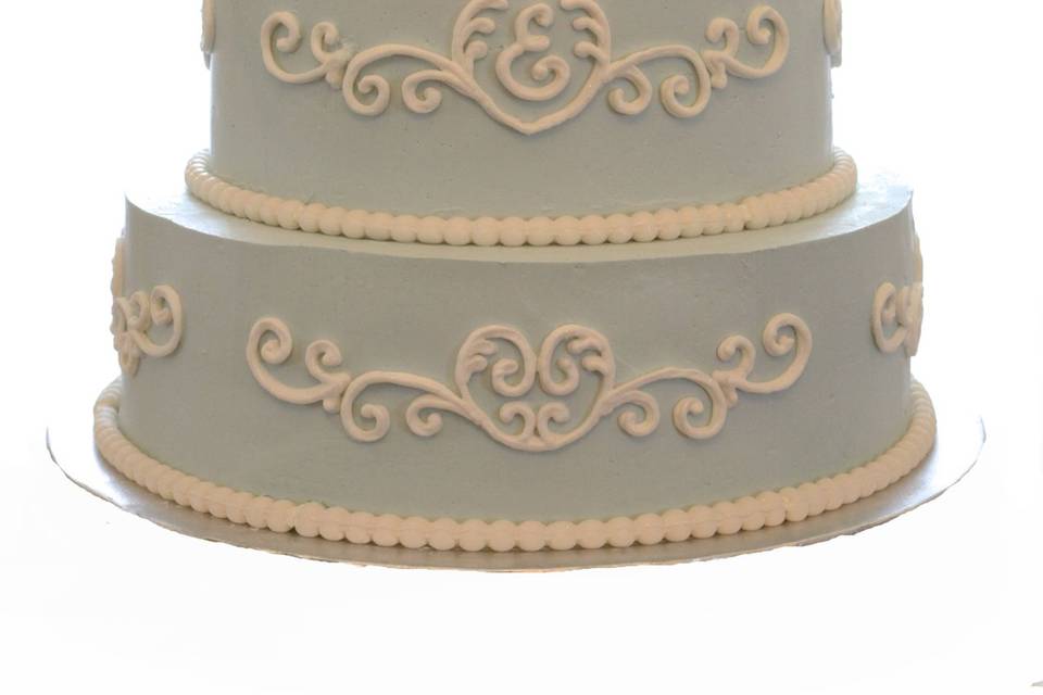 Tiffany Blue Wedding Cake with White Royal Icing Scroll Design & Sugarpaste Pearls