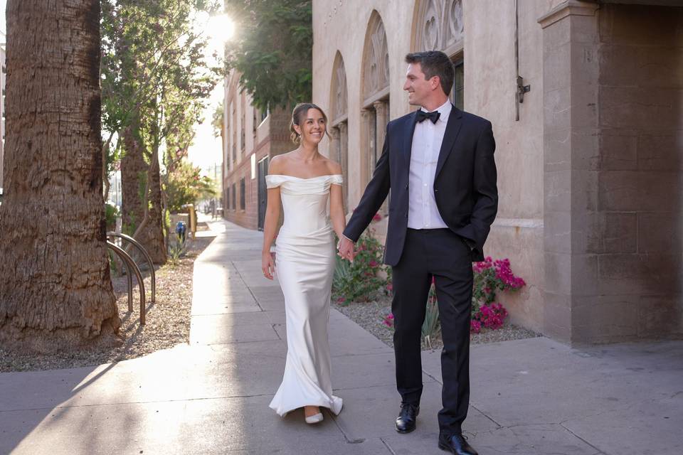 Walking wedding couple