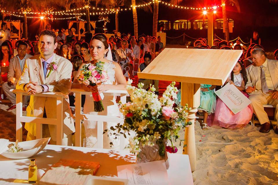 Beach ceremony with a beautiful palms back!