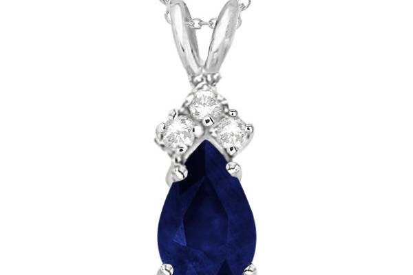 Pear Sapphire & Diamond Solitaire Pendant Necklace	Set in your choice of precious metals, this pendant has a solitaire pear cut sapphire and prong mounted accent diamonds.