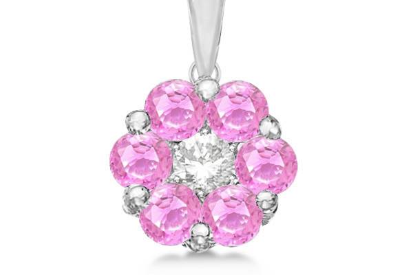 Flower Diamond & Pink Sapphire Pendant Necklace	One cut round center diamond with 6 pink sapphire accents, forming a cute flower pendant in gold, platinum & palladium.