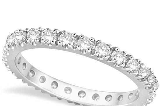 1/2ct Diamond Eternity Ring 27 prong mounted round diamonds cover this elegantly simple band of 14/18k white gold, yellow gold, or rose (pink) gold.