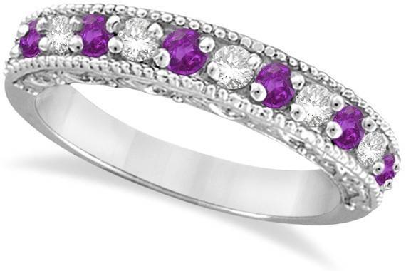 Diamond & Amethyst Filigree Design Ring Band	Milgrain & engraved scrollwork highlight these gorgeous round amethysts and diamonds on a gold or custom metal band.