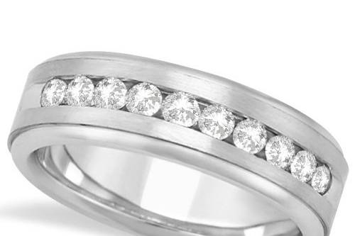 Men's Channel Set Diamond Wedding Ring	Satin-finished band with 10 channel set round diamonds and comfort-fit rounded edges in a full array of precious metals.