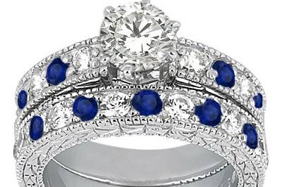 Antique Diamond & Blue Sapphire Engagement Ring and Band Bridal Set	Vintage milgrain & filigree band in your choice of metal showcases 23 diamonds & sapphires, plus a custom center stone.