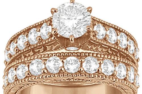 Antique Diamond Wedding & Engagement Ring Set 14k Rose Gold (2.15ct)	Vintage diamond bridal set w/ milgrained edges & scrollwork. Choose a custom center stone & gold, platinum or palladium band.