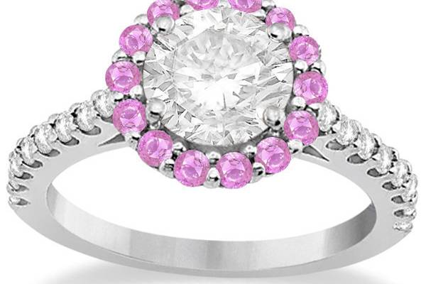 Halo Diamond & Pink Sapphire Engagement Ring	Your custom center stone in a halo of pink sapphires plus round diamonds on a unique band of palladium platinum or gold.