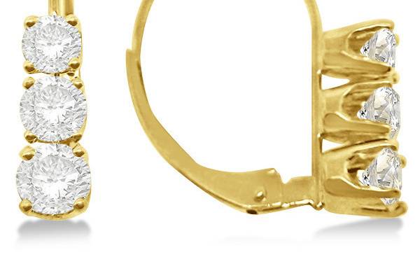 Three-Stone Leverback Diamond Earrings	Featuring 6 round diamonds, these delightful drop earrings are available in any color of 14k gold from 1/2ct to 1.00ct.