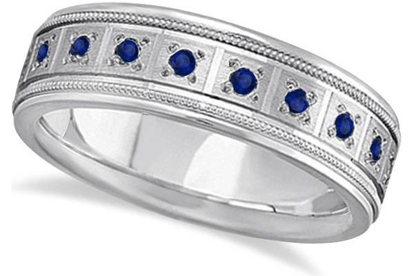 Blue Sapphire Ring for Men Wedding Band	Twenty pave-set round sapphires circle a comfortable, hand-engraved gold, palladium, or other band with outer ropework.