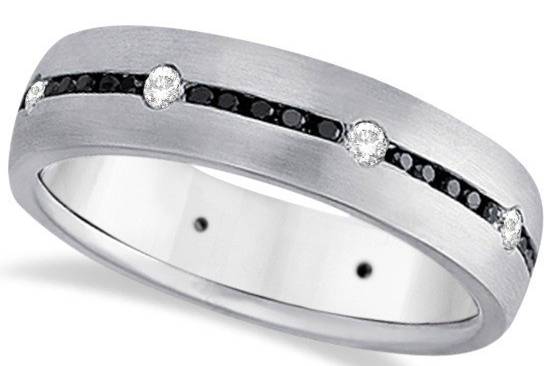 Black & White Diamond Wedding Ring for Men	Contrasting colored diamonds and a satin finish make this customizable band in gold or palladium a sleek choice for him.