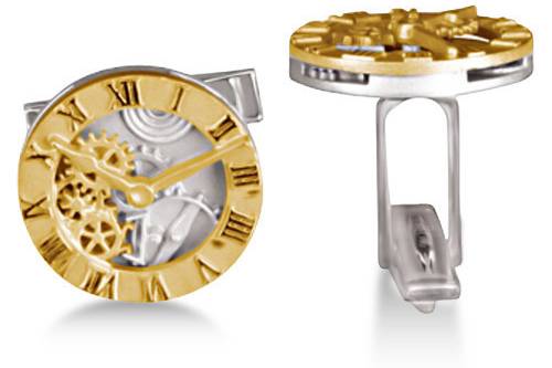 Clock Design Cufflinks 14k Yellow Gold & Sterling Silver	Time is money! Save both with our Roman numeral clock cufflinks, stylishly designed in 14k gold and sterling silver.