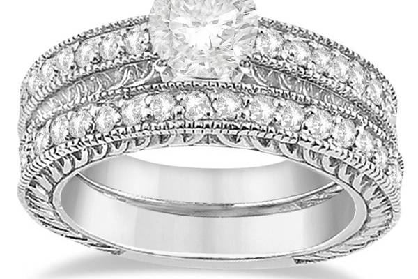 Vintage Filigree Diamond Engagement Bridal Set	A semi-eternity designed bridal set featuring 29 brilliant diamonds in antique carved bands, available in any metal.