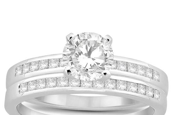 Channel Princess Cut Diamond Bridal Ring Set	With 28 accenting princess-cut diamonds, this is a sleek but classic look that lets you choose your own material & stone.