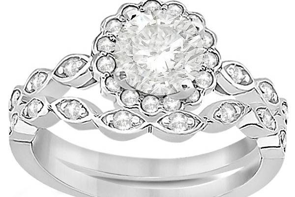 Floral Diamond Halo Bridal Set Ring & Band	29 round diamonds are prong set in marquise shapes in a floral bridal set, available in multiple metals & carat weights.