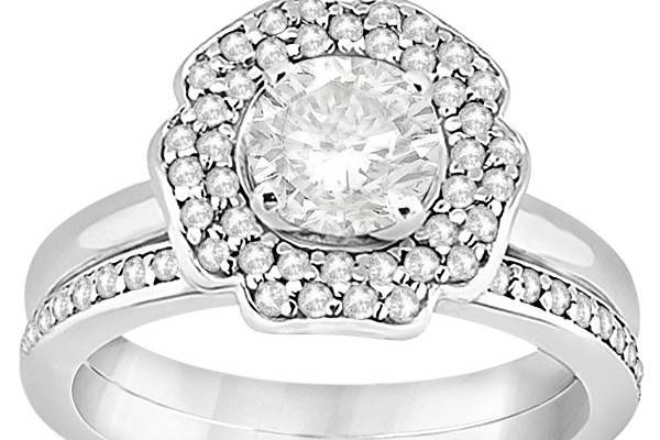 Halo Diamond Floral Engagement Ring and Band	The perfect way to display your love, this floral bridal set showcases 64 sparkling diamonds on a selectable band.