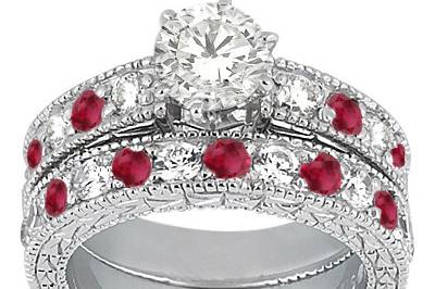 Antique Diamond & Ruby Bridal Set	Vintage beauty exudes from 23 sparkling gems, alternating on a custom precious metal band with milgrain and scroll work.