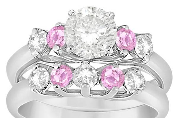 Five Stone Diamond & Pink Sapphire Bridal Ring Set	This set of two gemstone rings surrounds your custom center stone with beautiful diamonds & sapphires set in any metal.