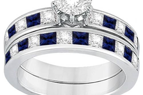 Channel Blue Sapphire & Diamond Bridal Set	Accenting princess-cut sapphires and diamonds alternate on bands of your choice to form a distinguished engagement set.