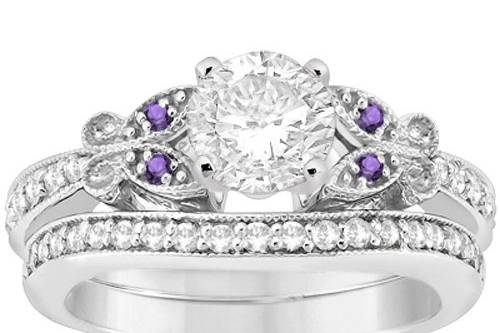 Butterfly Diamond & Amethyst Bridal Set 	Curved diamond bands featuring unique butterfly designs with four purple amethysts. Availaable in a range of metals.