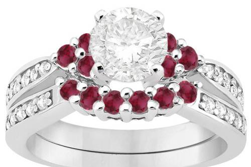Floral Diamond and Ruby Engagement Ring & Band	Select from a range of carat weights and shapes for a center stone on this unique ruby bridal set in any precious metal.