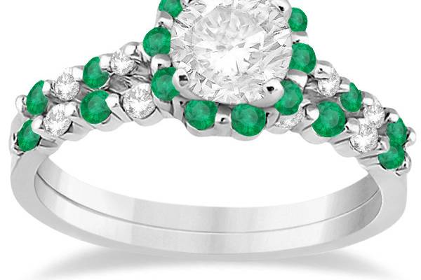 Diamond and Emerald Engagement Ring Bridal Set	This set, available in all colors of gold plus platinum & palladium, showcases 28 gorgeous round diamonds & emeralds.