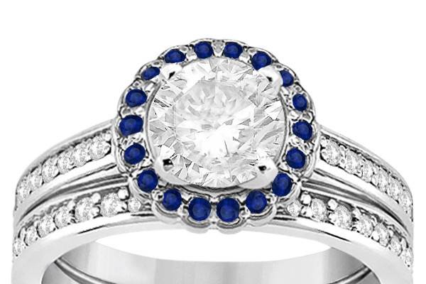 Halo Diamond & Blue Sapphire Bridal Ring Set	A circle of 16 brilliant sapphires make your selectable center stone pop in this beautiful diamond wedding ring set.