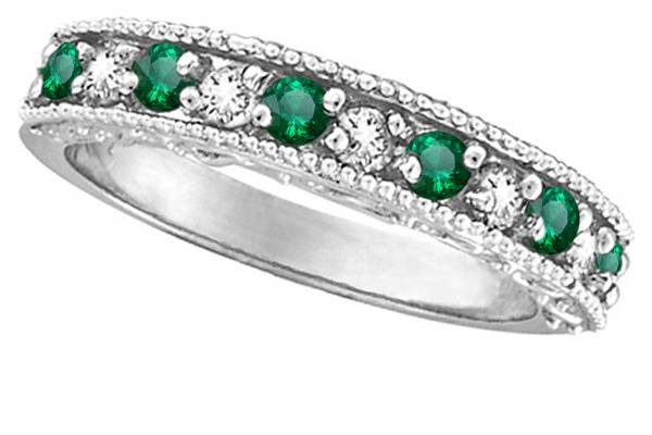 Emerald & Diamond Ring Anniversary Band 	Vibrant emeralds, diamonds & milgrain edging add a classic flair to this versatile ring in gold, platinum, or palladium.