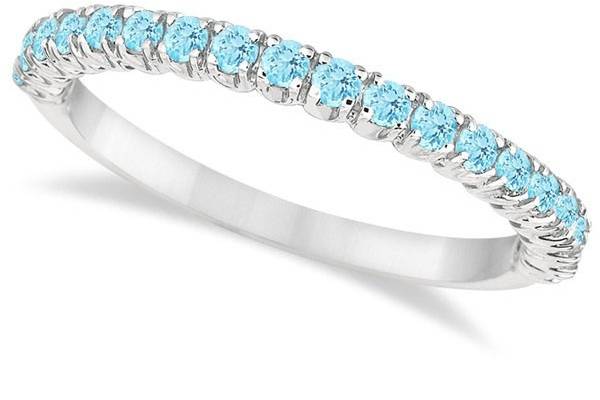 Half-Eternity Pave-Set Thin Aquamarine Stacking Ring	Pale blue March birthstones on a delicate hypoallergenic palladium band would perfectly suit a nontraditional bride.