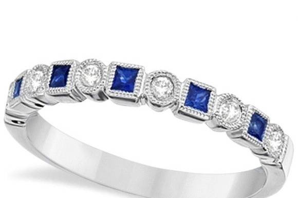 Princess Cut Blue Sapphire & Diamond Ring Band	Alternating square sapphires and round diamonds make this customizable band a nontraditional wedding ring she'll love.