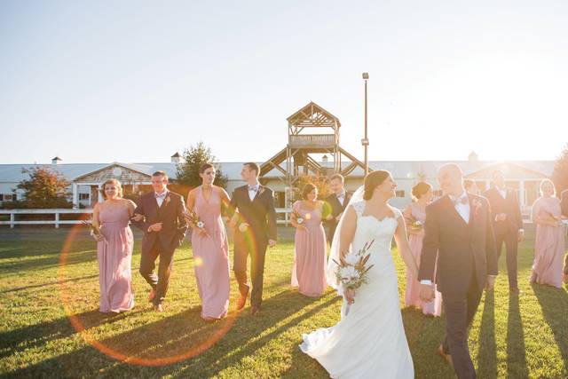 Newlyweds, bridesmaids, and groomsmen outside