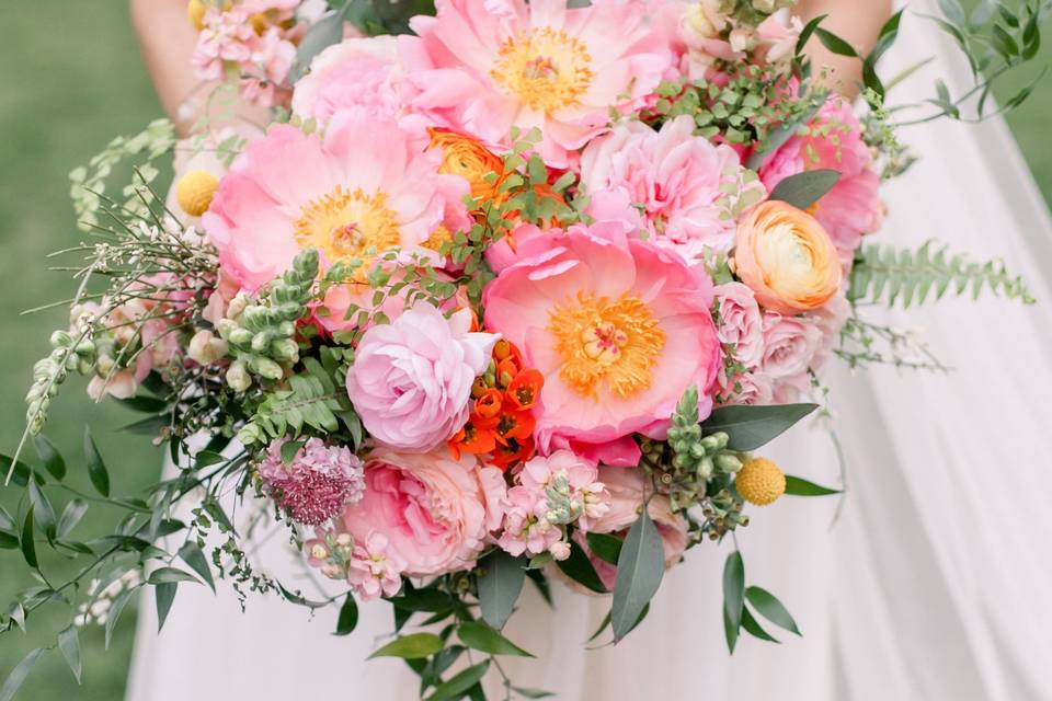 Coral Peony and Garden Roses