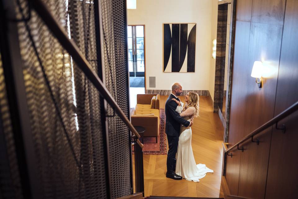 Bride and groom kiss