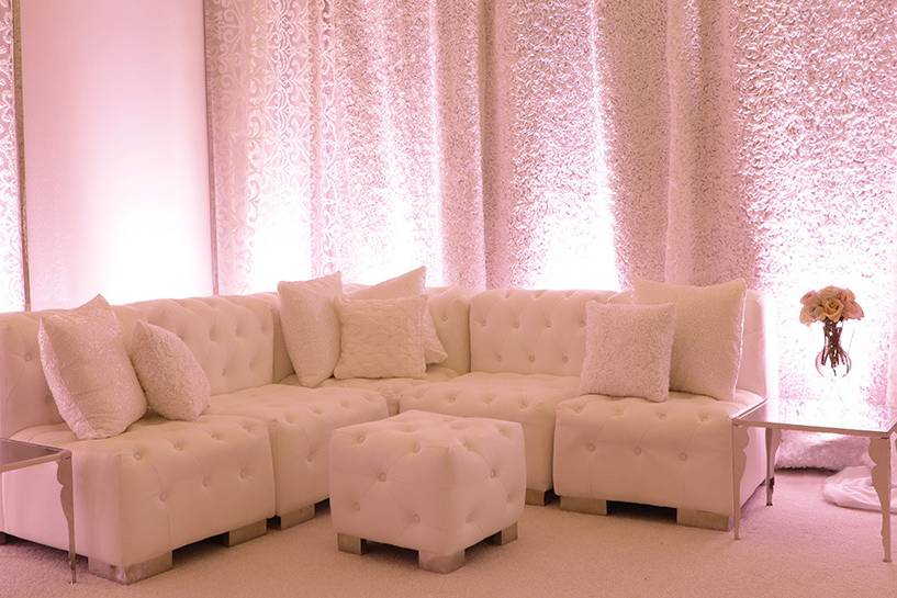 Tufted Regency Modular Furniture Including Vance Ottomans Paired with Mirrored Accent Tables by Marbella Event Furniture and Décor Rental