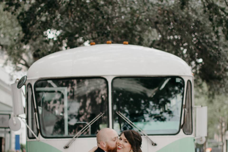 Newlyweds and a mint vintage VW Bus