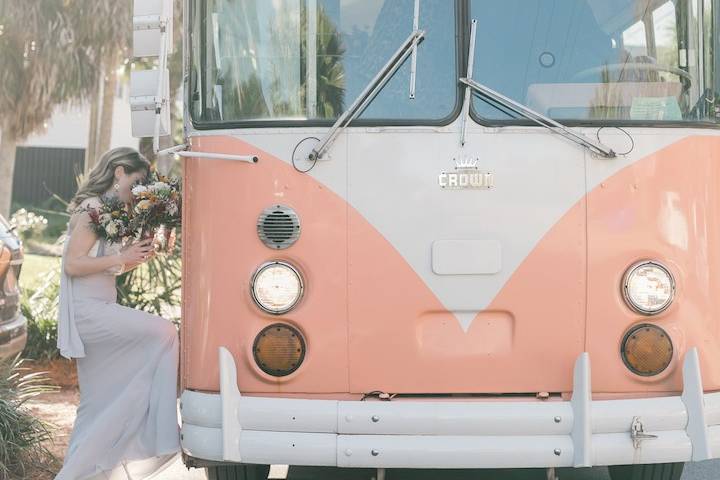 Bridesmaid getting on Lucy Bus