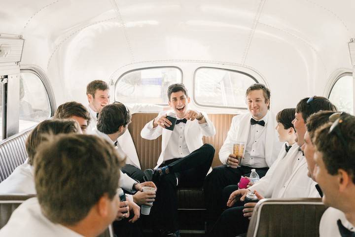 Groomsmen on Lucy Bus