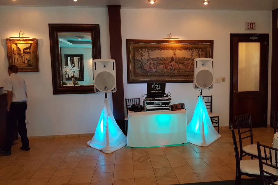 DJ booth and blue uplighting