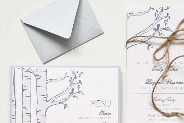 Illustrated lake and mountain inspired wedding stationery