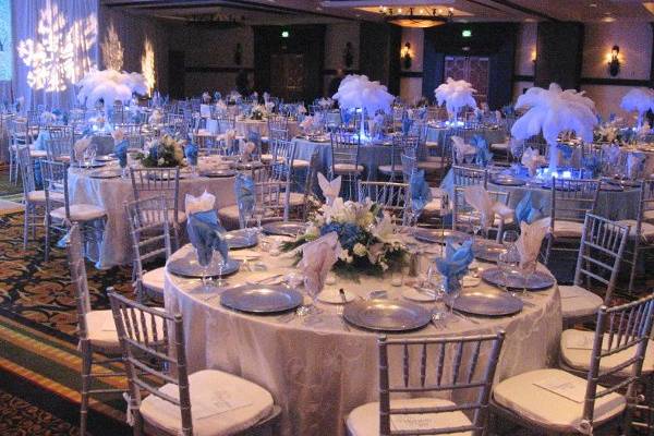 Alternating White and Blue Tables
- White Tinseltown
- Light Blue Taffeta with White Passion Vine Overlay