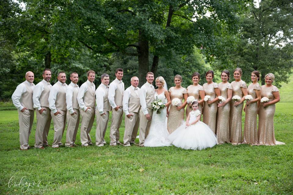 The couple with the bridesmaids and groomsmen