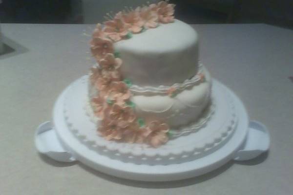 White fodant cake with sugar plumeria cascading down the cake.Cost: $220