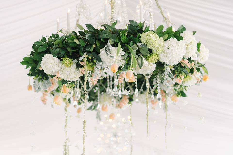 Banquet table seating with floral decor